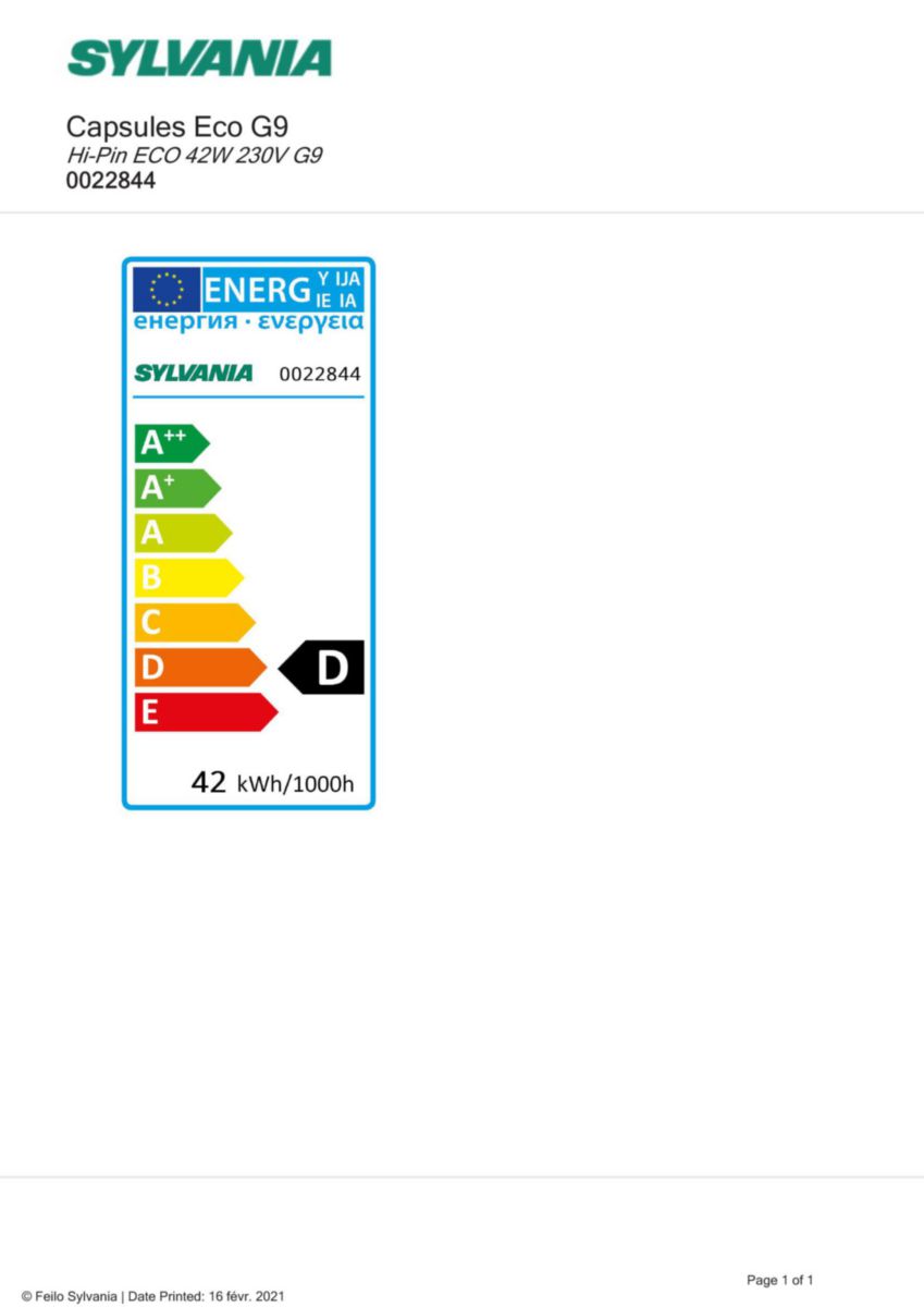SYLVANIA Ampoule halogène HiPin Eco G9 42 W 625 lm 2800 K Réf