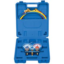Coffret manomètre pour R407-R410A-R32-R134A avec 3 flexibles 90 cm 8x13 et 2 flexibles 90cm 1/4-5/16, avec vanne Réf. TFVMG2R410A